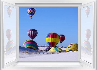 Фотообои с окном Полет воздушных шаров